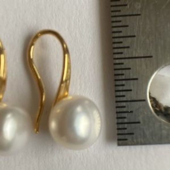 7.5mm White Cultured Pearl Earrings - 14K Yellow Gold Plated - Picture 5 of 7